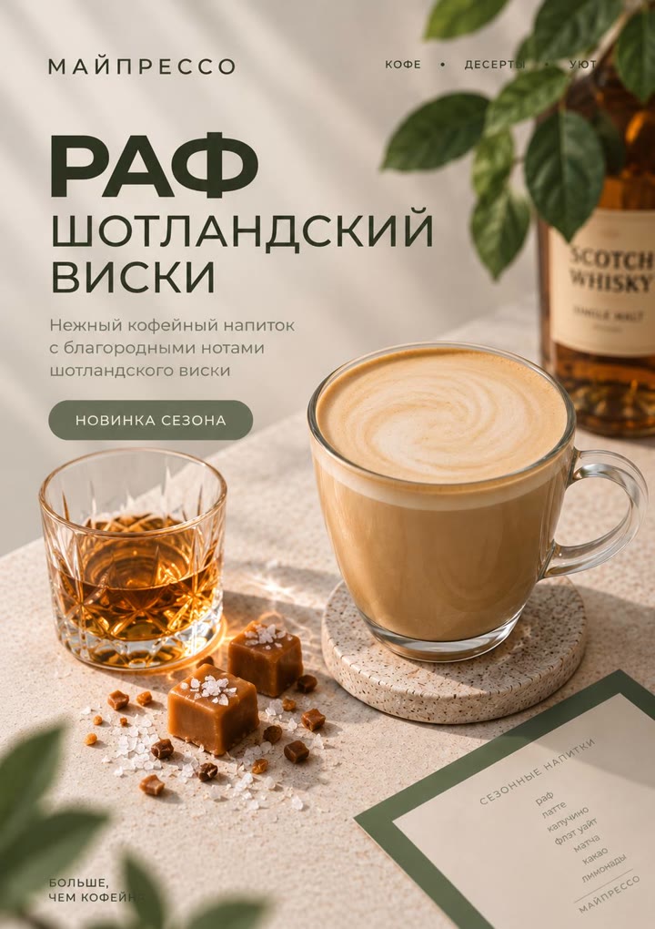 Раф «Шотландский виски» рядом со стаканом и кусочками карамели